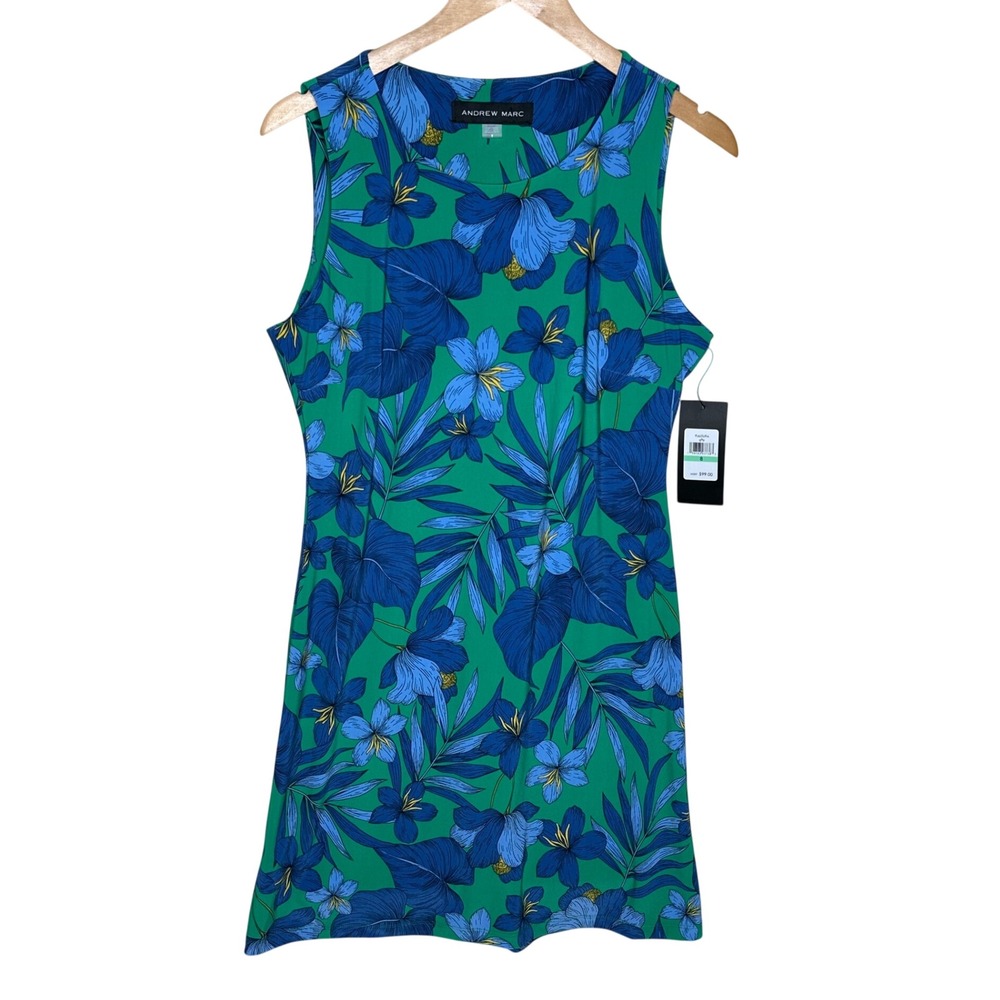 NWT Andrew Marc Floral Print Sleeveless Sheath Dress size 8 Green/Blue